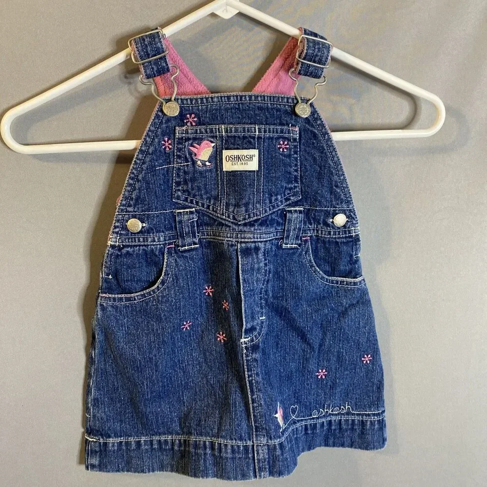 18 Month Osh Kosh B’gosh Denim Overall Vestbak Dress Fleece Lined Top Embroider